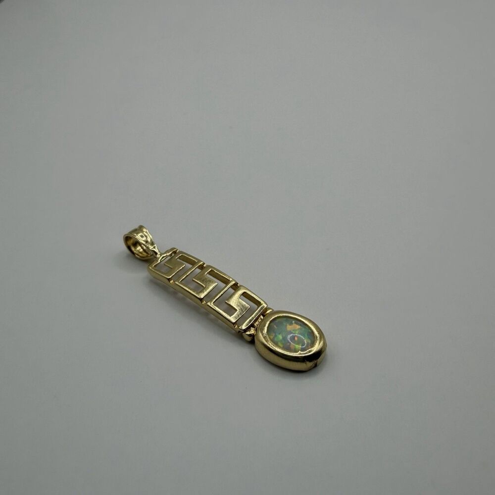 14K Gold Marked Opal Greek Key Pendant Vintage Fine Jewelry